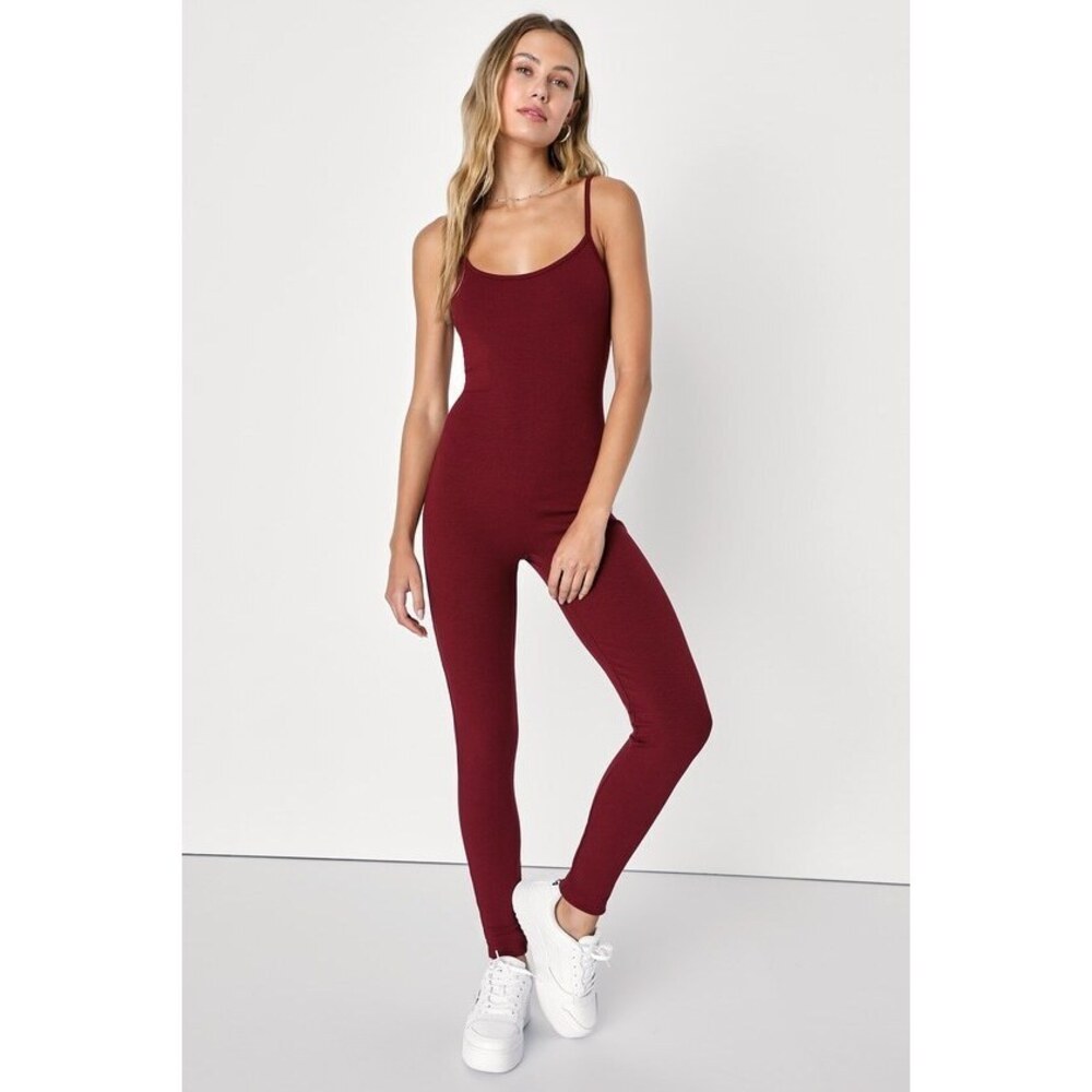 Lulus Super Base Burgundy Ribbed Knit Bodycon Lounge Jumpsuit Red - Size L